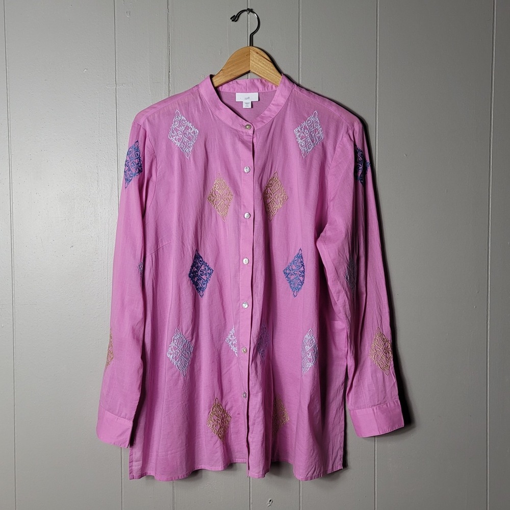 J JILL PINK DAMASK EMBROIDERED BUTTON DOWN SHIRT MANDARIN COLLAR WOMEN'S LARGE